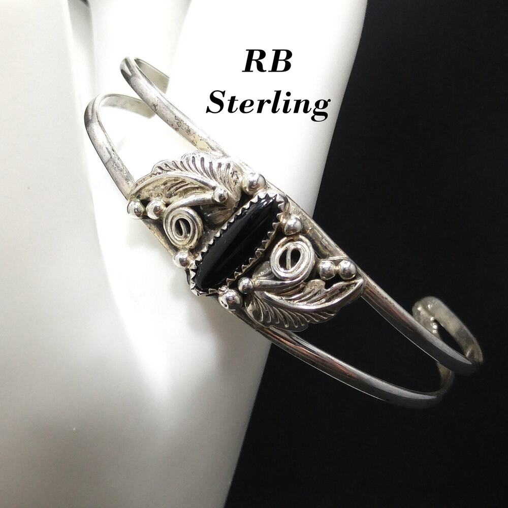 Richard Begay RB Sterling Silver Onyx Cuff Bracelet Navajo Native Vintage